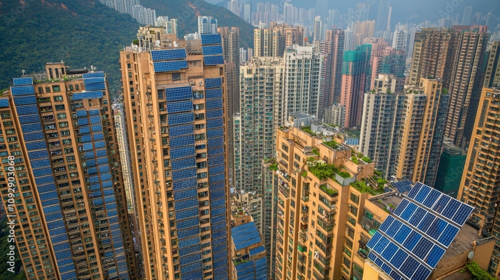 Obraz premium Aerial View of Urban Rooftops with Solar Panels and Green Spaces, Representing Sustainable Living in Cities