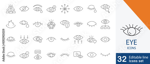 Eye editable line icon set. vision, looking at, f0cus, viewer, observe, see and more line icons  