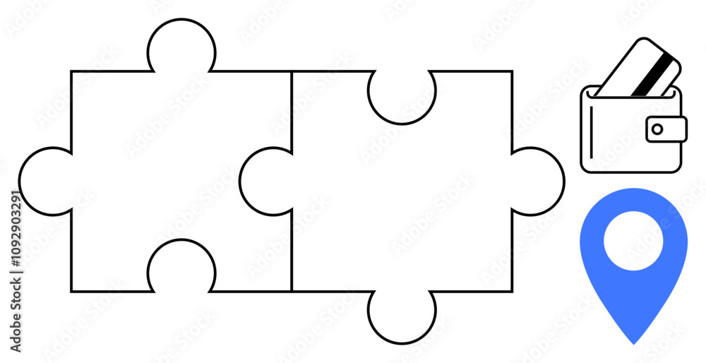 Two interlocking puzzle pieces next to a wallet with credit cards and a map location pin. Ideal for financial technology, geolocation services, business strategies, payment systems, problem-solving Two interlocking puzzle pieces next to a wallet with credit cards and a map location pin. Ideal for financial technology, geolocation services, business strategies, payment systems, problem-solving