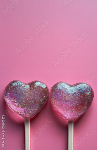 Two pink Valentine's Day heart-shaped lollipops on pastel pink background with copy space, love concept, top view photo