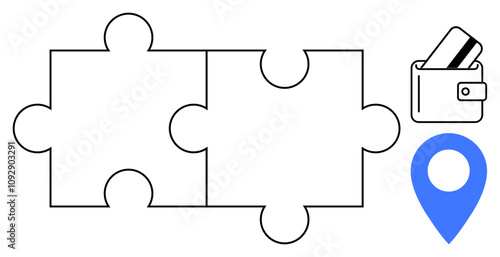 Two interlocking puzzle pieces next to a wallet with credit cards and a map location pin. Ideal for financial technology, geolocation services, business strategies, payment systems, problem-solving