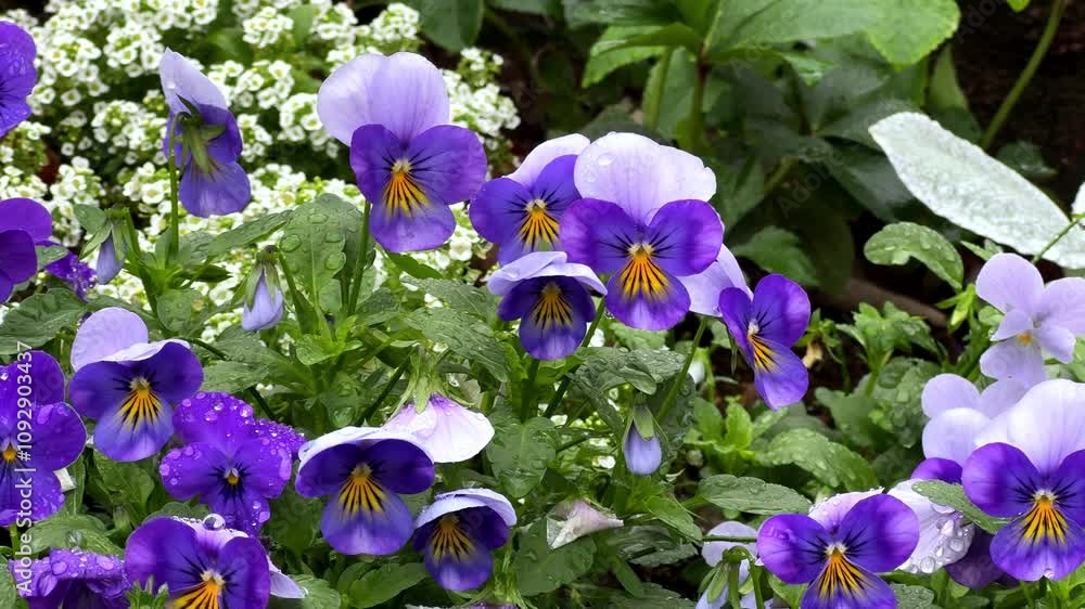 Purple and white pansies with raindrops in a lush garden setting on a fresh spring day
