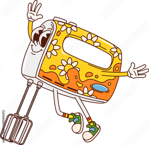 Cartoon groovy kitchen mixer character. Cute retro kitchenware and utensil personage. Isolated vector hand mixer appliance with big smile and floral pattern ready for cooking and mixing on the kitchen