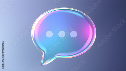 3d glass holographic speech bubble, chat icon for text, message, dialogue. Rainbow crystal web notification symbol, morphism gradient. Circle the communication and dialogue generator. Generative AI photo