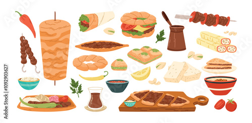 Traditional Turkish food, dishes and oriental sweets. Set of vector isolated on white flat illustrations. Delicious flatbreads, ball beef kebabs.
