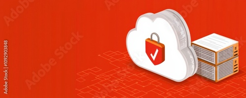 Cloud security concept with a padlock and storage boxes on a red background.
