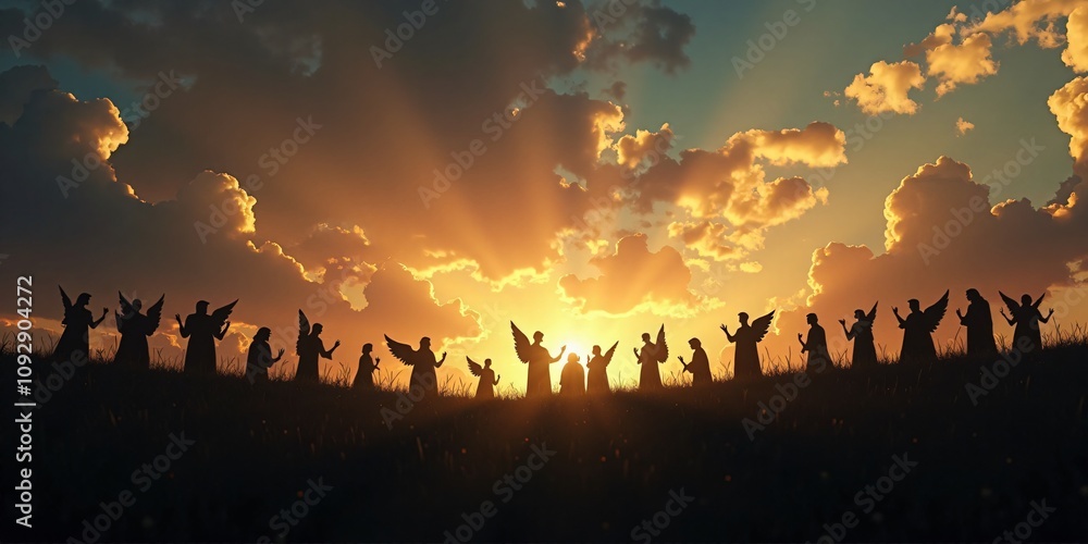 Angels Singing Above the Shepherds’ Field, A choir of angels in the sky, radiating joy and light over the fields of Bethlehem. Angels Singing Above the Shepherds’ Field, A choir of angels in the sky, radiating joy and light over the fields of Bethlehem.