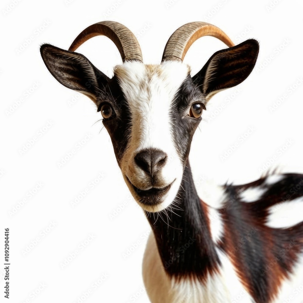 A black-and-white goat stands on a plain white background, showcasing its curved horns. AI generated.
A black-and-white goat stands on a plain white background, showcasing its curved horns. AI generated.