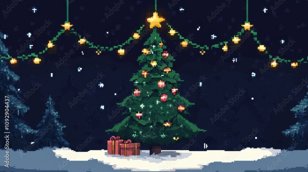 Fototapeta premium Festive Pixel Art Christmas Tree Surrounded by Gifts Under Glowing Stars and Falling Snowflakes in a Magical Winter Wonderland Scene