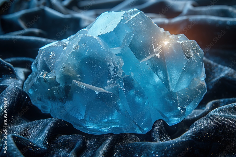 Obraz premium Aquamarine gemstone resting on luxurious black velvet fabric with soft lighting effects