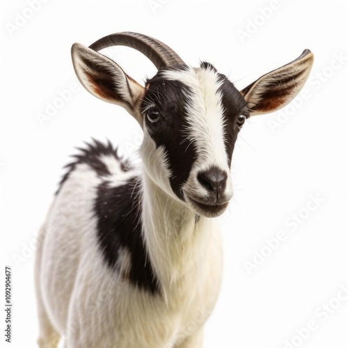 A black-and-white goat stands on a plain white background, showcasing its curved horns. AI generated. 