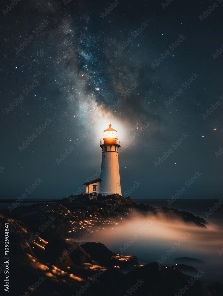 A serene lighthouse under a starry sky, guiding ships through the night. A serene lighthouse under a starry sky, guiding ships through the night.
