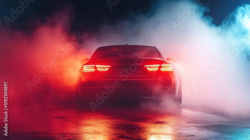 A sports car executing a burnout, producing smoke in the foreground of a dramatic sunset. photo