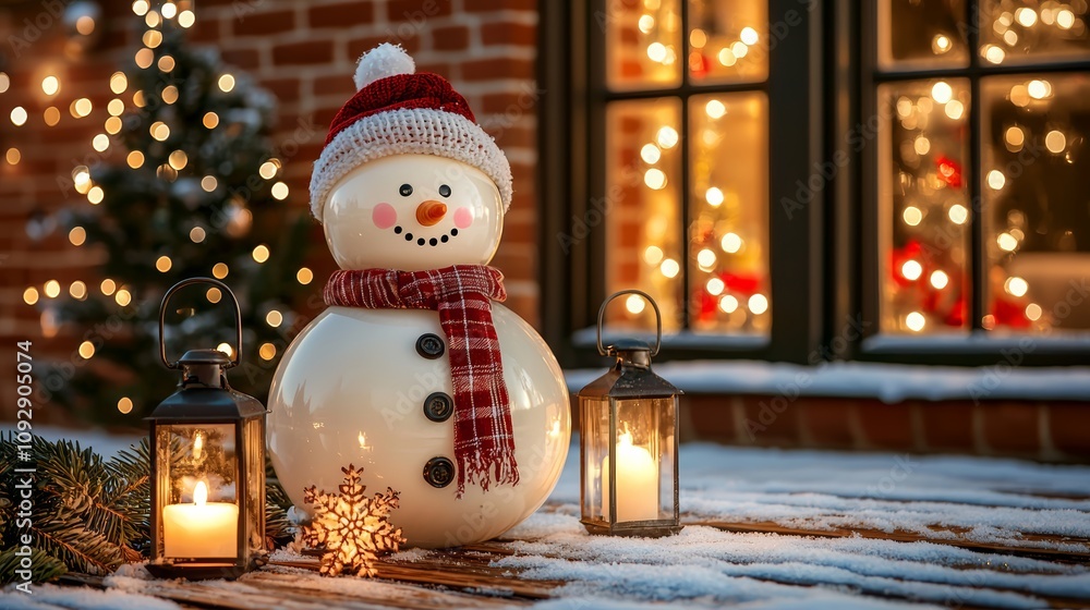 A cheerful snowman adorned with a hat and scarf stands beside a glowing lantern, creating a festive winter scene perfect for Christmas. A cheerful snowman adorned with a hat and scarf stands beside a glowing lantern, creating a festive winter scene perfect for Christmas.