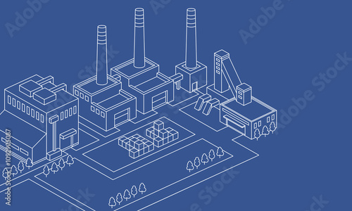 Illustration of an industrial site. Outline isometric illustration of factory manufacturing plan architecture.