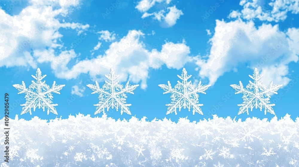 Delicate snowflakes rest on a pristine blanket of snow, contrasting beautifully with the clear blue sky, evoking a serene winter wonderland. Delicate snowflakes rest on a pristine blanket of snow, contrasting beautifully with the clear blue sky, evoking a serene winter wonderland.