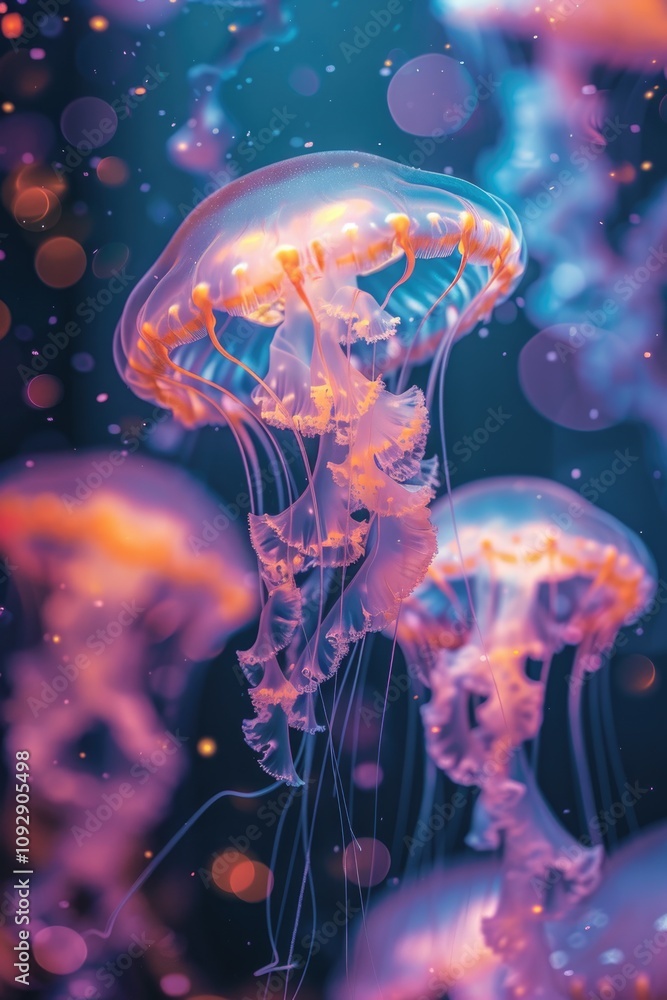 Naklejka premium Mesmerizing Underwater Jellyfish in Stunning Blue Ocean Lighting