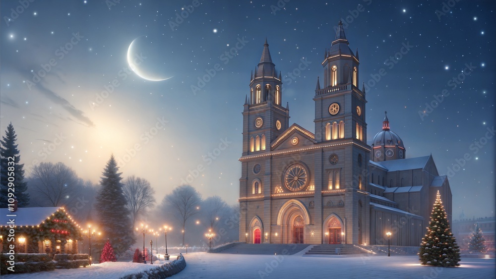 Fototapeta premium Majestic church building, serene mood, illuminated under a starry night sky with a crescent moon