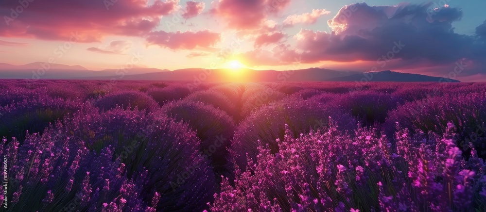 A wide shot of the beautiful lavender field at sunset. A wide shot of the beautiful lavender field at sunset.