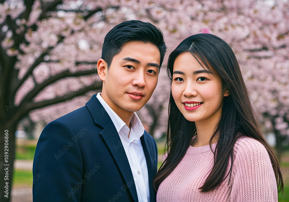 A young Asian couple standing under a Japanese cherry tree A young Asian couple standing under a Japanese cherry tree