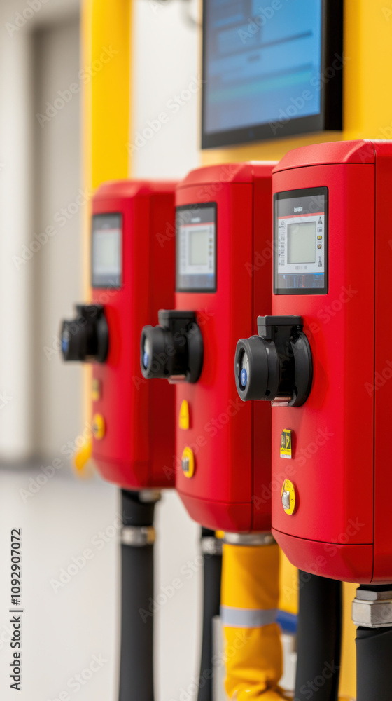 Fire Alarm System Response Concept. The image features three red control units with displays, likely part of a machinery setup in an industrial environment. Fire Alarm System Response Concept. The image features three red control units with displays, likely part of a machinery setup in an industrial environment.