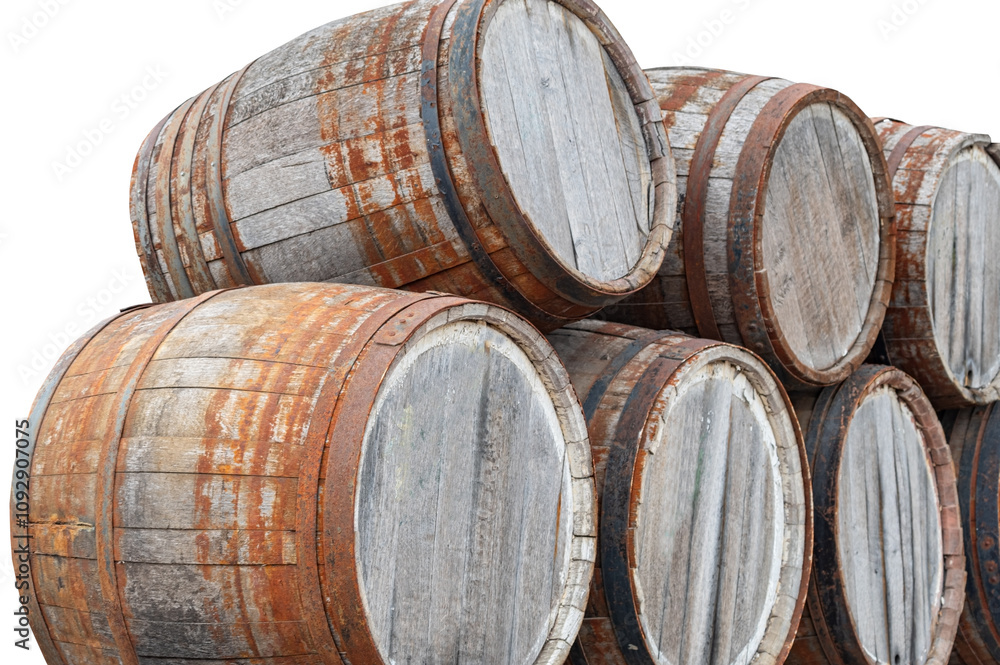 Old wooden barrels on a white Old wooden barrels on a white