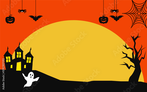 Festive Halloween Background or party invitation background with spiders, ghosts and pumpkins. with free space to write