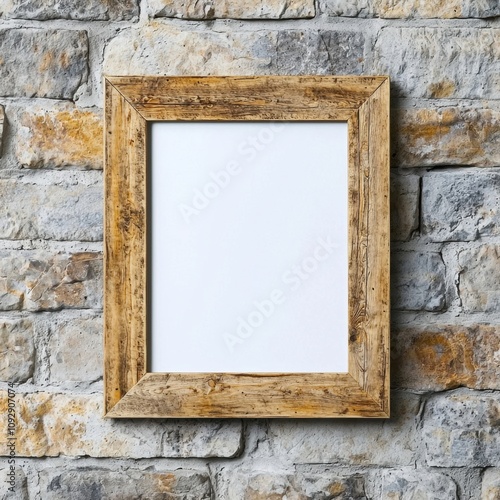 Wallpaper Mural Rustic photo frame mockup concept. Empty wooden frame against a textured stone wall Torontodigital.ca