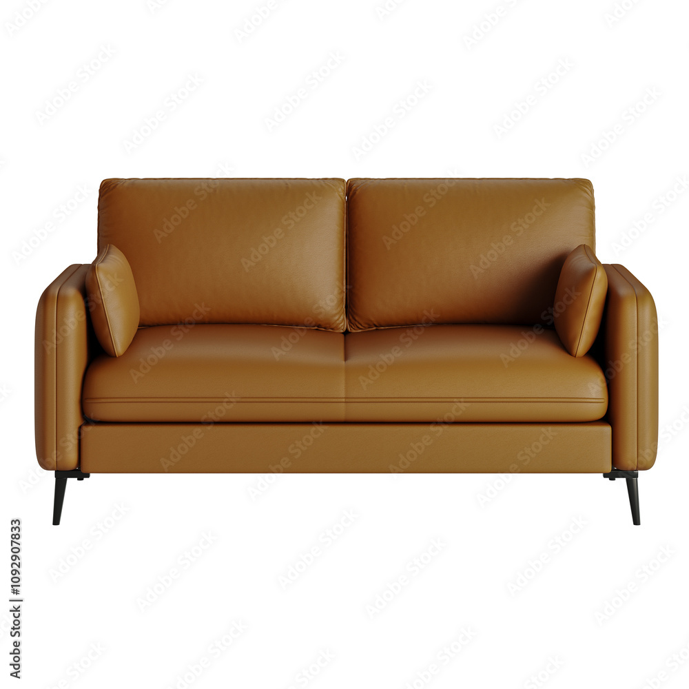 A tan leather couch with two pillows on it A tan leather couch with two pillows on it