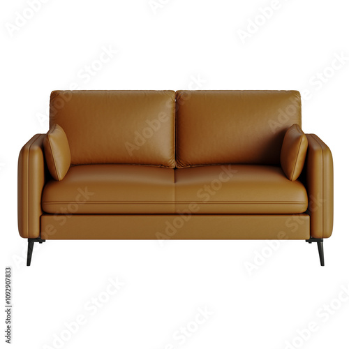 A tan leather couch with two pillows on it