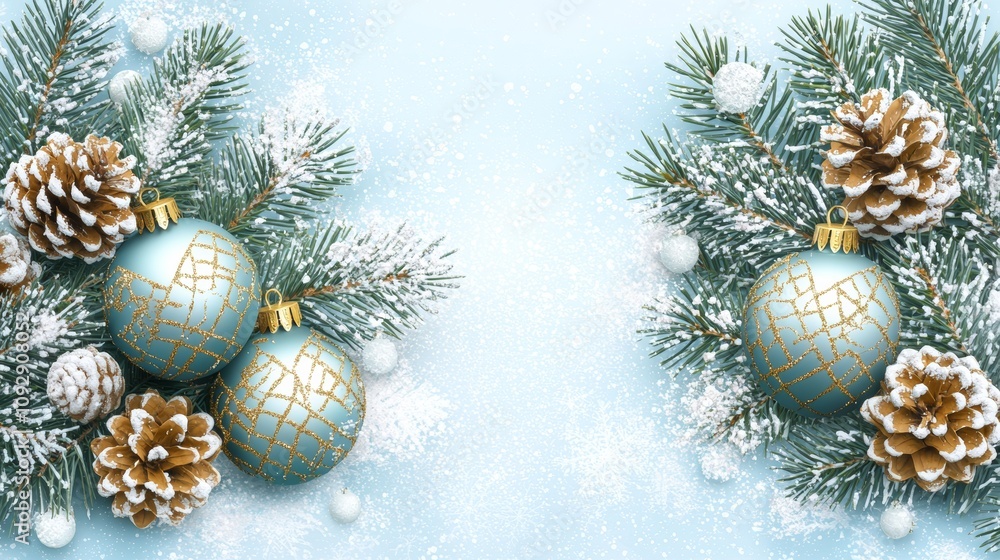 Two festive Christmas balls and pine cones rest on a serene snowy background, evoking the spirit of the holiday season. Two festive Christmas balls and pine cones rest on a serene snowy background, evoking the spirit of the holiday season.