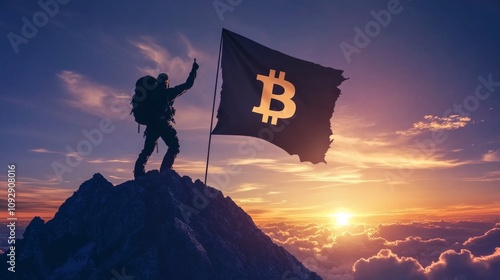 Bitcoin Victory: A Mountaineer Celebrates at the Peak with Flag Raised High