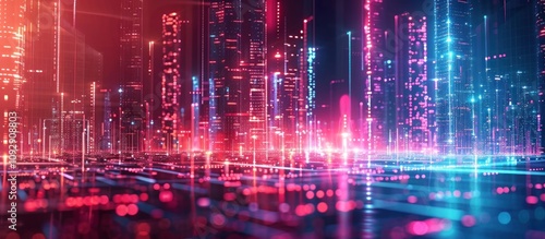 Abstract digital cityscape with glowing neon lights and holographic skyscrapers.