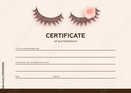 Diploma eyelash extensions. Makeup certificate template. Beauty school or refresher courses for beautician. Vector illustration
