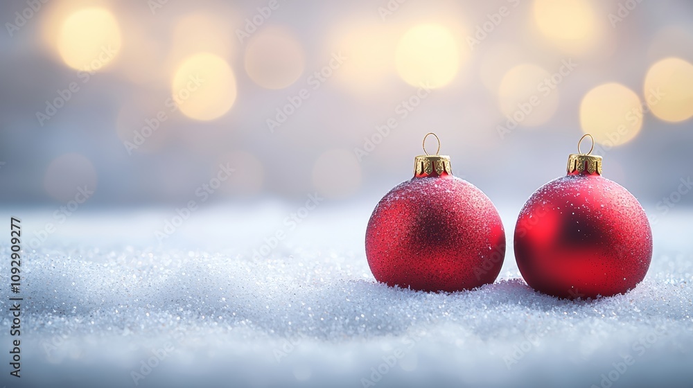 Two vibrant red Christmas balls rest atop a pristine, snow-covered surface, capturing the essence of a festive winter season. Two vibrant red Christmas balls rest atop a pristine, snow-covered surface, capturing the essence of a festive winter season.