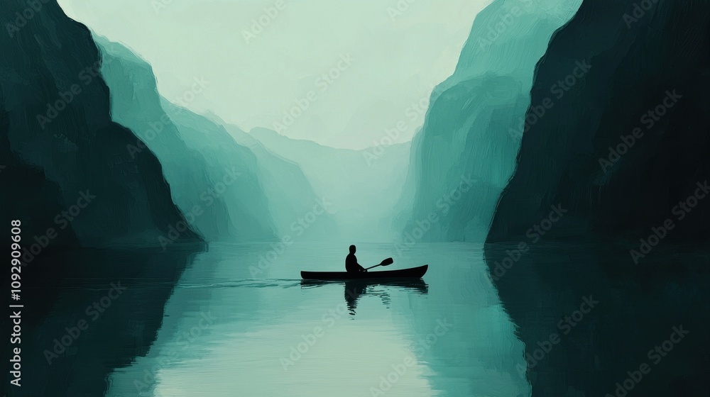 Fototapeta premium Serene Kayaker Gliding Through Misty Mountains and Reflected Waters in a Calm Lake at Dawn, Evoking a Sense of Peace and Tranquility Amidst Nature