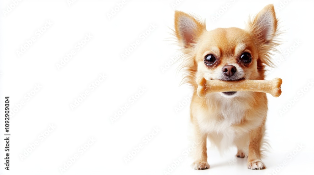 Adorable Chihuahua Holding a Chew Bone in Its Mouth Against a Clean White Background, Capturing a Playful and Joyful Dog Moment for Pet Lovers and Animal Enthusiasts Adorable Chihuahua Holding a Chew Bone in Its Mouth Against a Clean White Background, Capturing a Playful and Joyful Dog Moment for Pet Lovers and Animal Enthusiasts