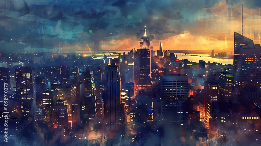 Fototapeta premium A vibrant cityscape at sunset, showcasing skyscrapers and a dramatic sky with colorful reflections.