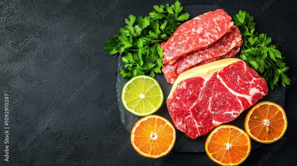 Fresh Cuts of Beef on a Dark Slate Plate Surrounded by Vibrant Citrus Slices and Green Herbs for a Delicious Culinary Presentation Fresh Cuts of Beef on a Dark Slate Plate Surrounded by Vibrant Citrus Slices and Green Herbs for a Delicious Culinary Presentation