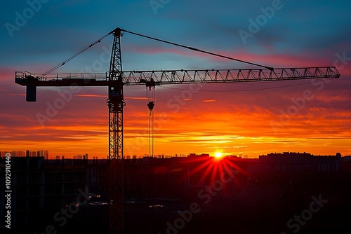 Construction crane silhouetted against a vibrant sunset sky