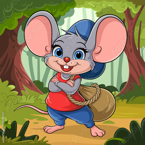 Cheerful cartoon mouse in the forest with a backpack vector.