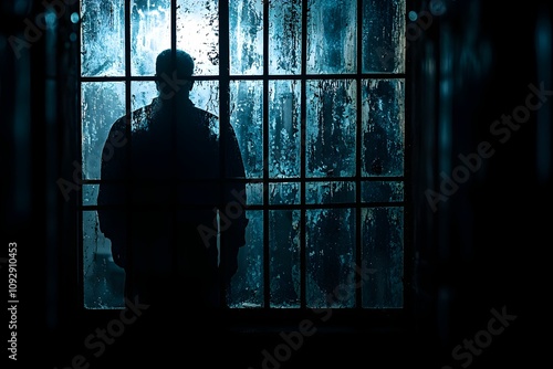 Figure silhouetted against a misty window in a dark corridor