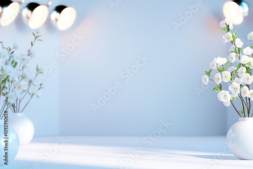 Arrangement of blooming white flowers in vases on a minimalist surface under soft studio lights