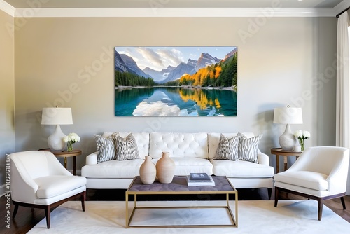 Bright white living room with an elegant painting on the wall.