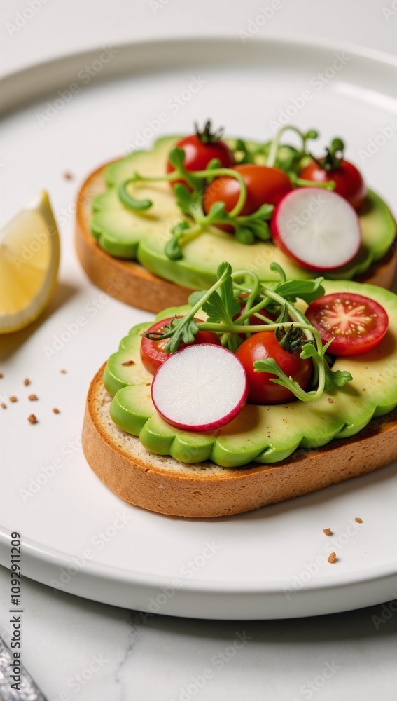 Avocado toast garnished with radishes microgreens and chili flakes accompanied by cherry tomatoes and a slice of lemon Avocado toast garnished with radishes microgreens and chili flakes accompanied by cherry tomatoes and a slice of lemon