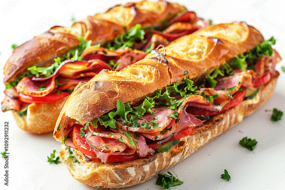 Sandwich traditional bread tomato cheese and ham fried on white background isolate.
