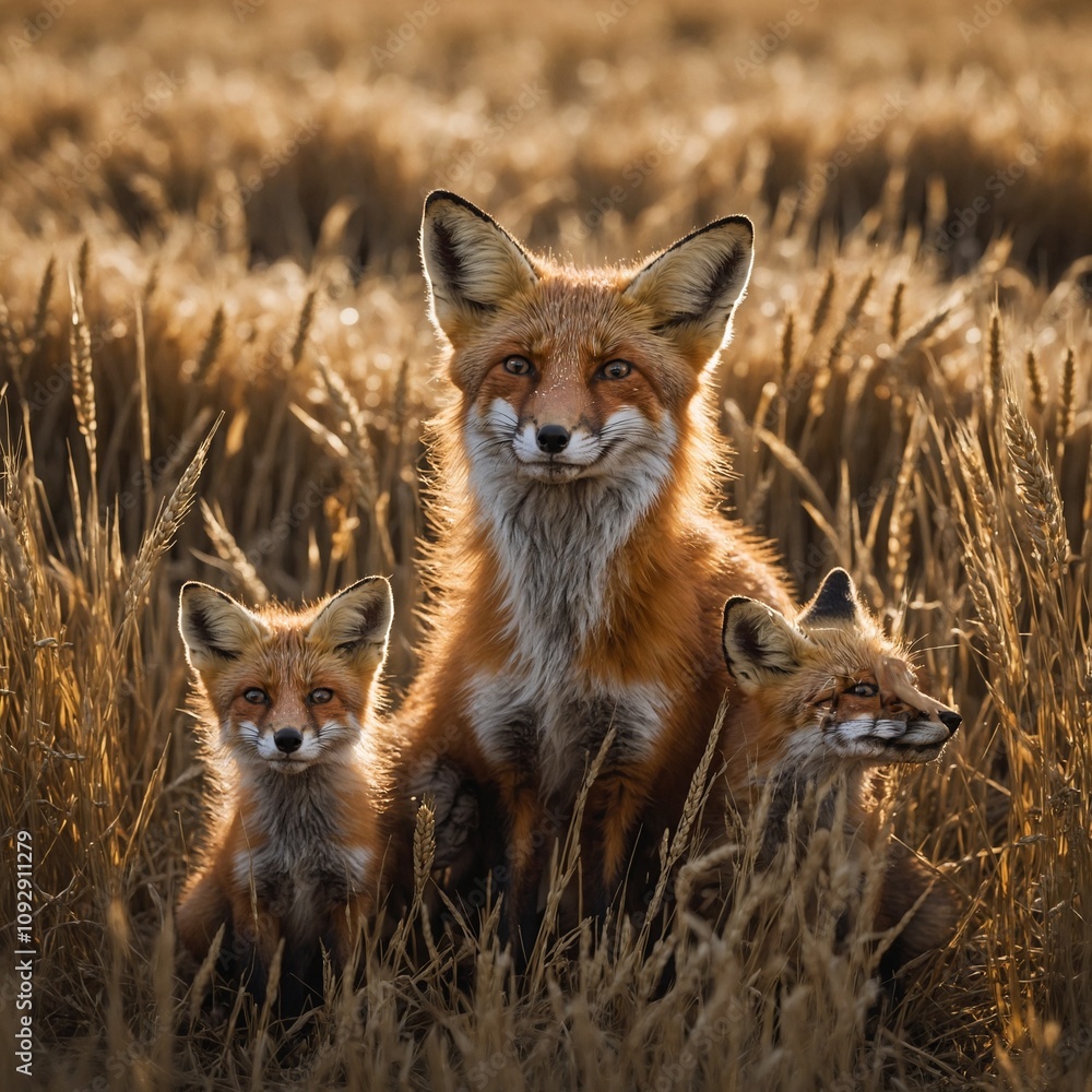 A fox and her cubs playing in a sun-drenched field of tall wheat.
A fox and her cubs playing in a sun-drenched field of tall wheat.