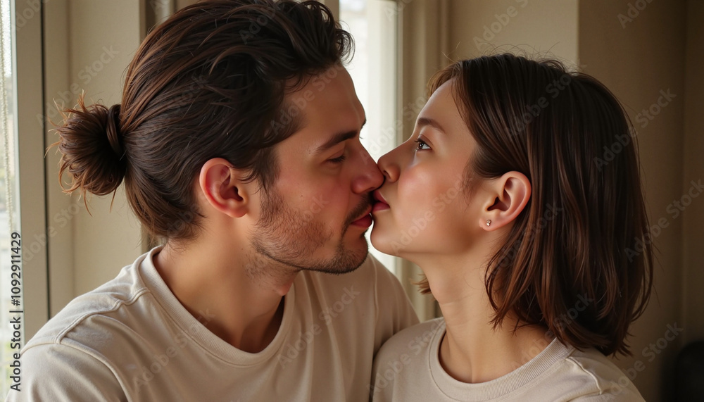 Tender couple sharing a soft kiss indoors with warm natural light Tender couple sharing a soft kiss indoors with warm natural light
