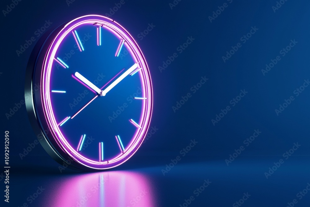 Neon clock on blue wall with pink and blue glow Neon clock on blue wall with pink and blue glow
