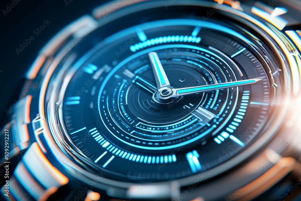 Futuristic blue and silver digital watch face with neon accents Futuristic blue and silver digital watch face with neon accents